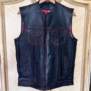 Zony Men's Black Leather Motorcycle Riding Vest Red Stitched NEW NWOT